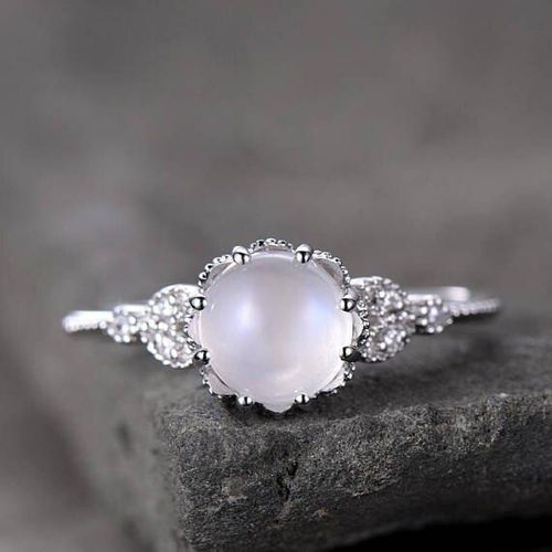 Bague Vintage En Pierre De Lune Pour Femmes, Anneaux De Haute Qualité Semi-Transparents Avec Gouttelettes D'eau