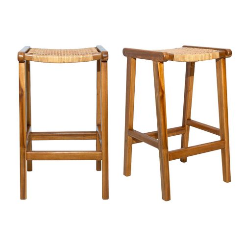 Tabourets De Bar Ethniques En Teck Massif Et Cannage Rotin H65 Cm (Lot De 2) Gawa