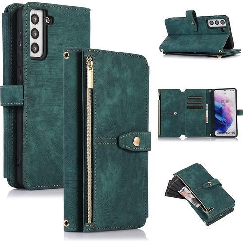 Coque Pour Samsung Galaxy S22 Plus, Coque De Téléphone Portefeuille Samsung S22 Plus, Étui De Téléphone En Cuir À Rabat Premium Zipper (Avec Bracelet) Pour Samsung S22 Plus - Vert