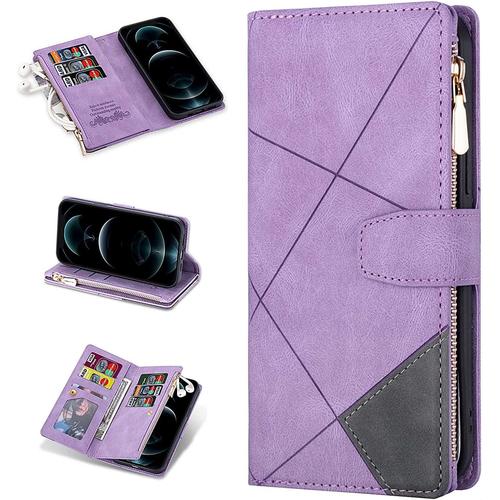 Coque Pour Samsung Galaxy S22 Ultra, Coque De Téléphone Portefeuille Samsung S22 Ultra, Étui De Téléphone En Cuir À Rabat Premium Zipper (Avec Bracelet) Pour Samsung S22 Ultra - Violet