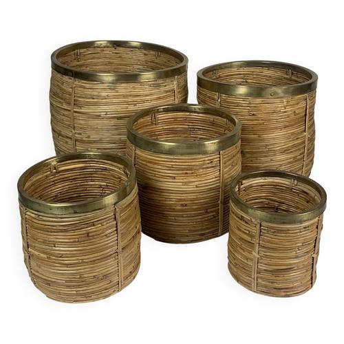 Lot De 5 Paniers Porteplantes En Rotin Roseau Et Laiton Italie Annes 1970 Beige