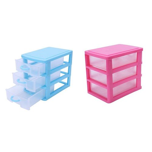 Boîte de rangement en plastique, 2 pièces, 3 couches, Mini tiroir translucide, Rose rouge et bleu