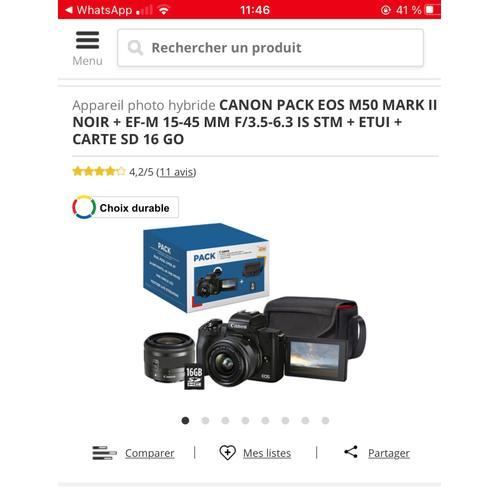 PACK CANON EOS M50 Mark II hybride 24.1 mpix + Objectif EF-M 15-45 mm F/3.5-6.3 IS STM