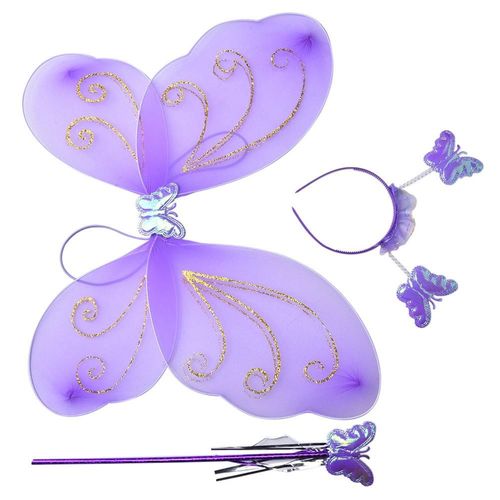 Costume De Noël Fée 3 Pièces/Ensemble | Set Pour Fête, Fournitures De Fête, Bandeau Baguette Aile Papillon Multicolore Pour Enfants Filles