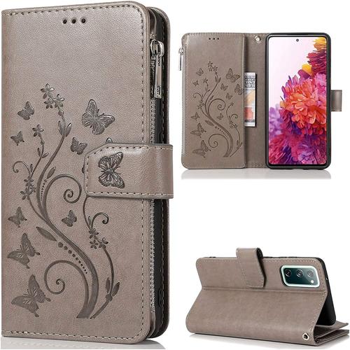 Vepbk Pour Samsung Galaxy S20 Fe (6,5 Pouces) Coque, Etui Case Portefeuille Cuir Cover Flip Coque Avec Porte Carte Magnétique Dragonne Motif Antichoc Élégant Téléphone Housse Pour Galaxy S20 Fe,Gris