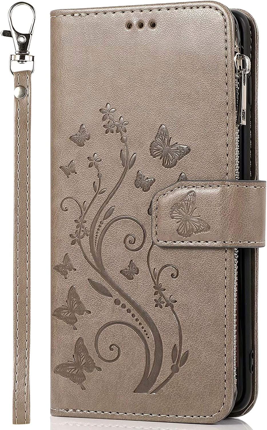 Vepbk Pour Samsung Galaxy S10 Plus [Pas Pour S10] Coque, Etui Case Portefeuille Cuir Wallet Cover Flip Coque Avec Porte Carte Magnétique Dragonne Motif Antichoc Housse Pour Galaxy S10 Plus,Gris