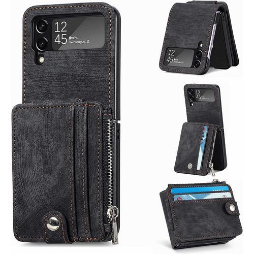 Coque Pour Samsung Galaxy Z Flip 4 Avec Porte-Carte Détachable, Pu Cuir Samsung Z Flip 4 Etui Pour Téléphone Portable Pour Samsung Galaxy Z Flip 4 2022, Noir