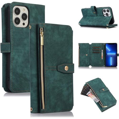 Coque Pour Iphone 13, Coque De Téléphone Portefeuille Iphone 13, Étui De Téléphone En Cuir À Rabat Premium Zipper Pour Iphone 13 - Vert