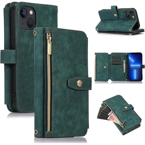 Coque Pour Iphone 13, Coque De Téléphone Portefeuille Iphone 13(6.1 Inches), Étui De Téléphone En Cuir À Rabat Premium Zipper (Avec Bracelet) Pour Iphone 13(6.1 Inches) - Vert