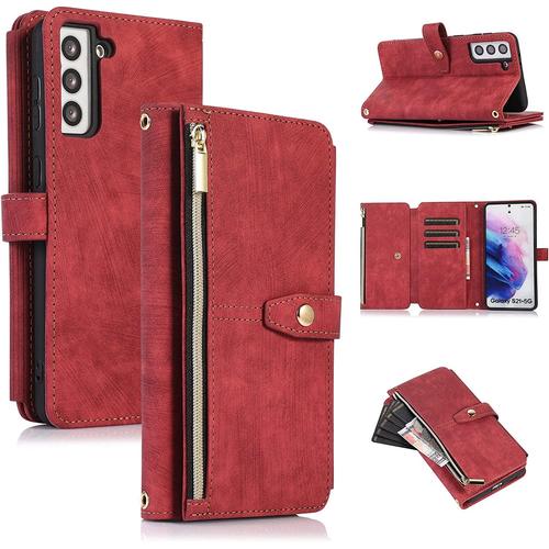 Coque Pour Samsung Galaxy S22, Coque De Téléphone Portefeuille Samsung S22, Étui De Téléphone En Cuir À Rabat Premium Zipper (Avec Bracelet) Pour Samsung S22 - Rouge