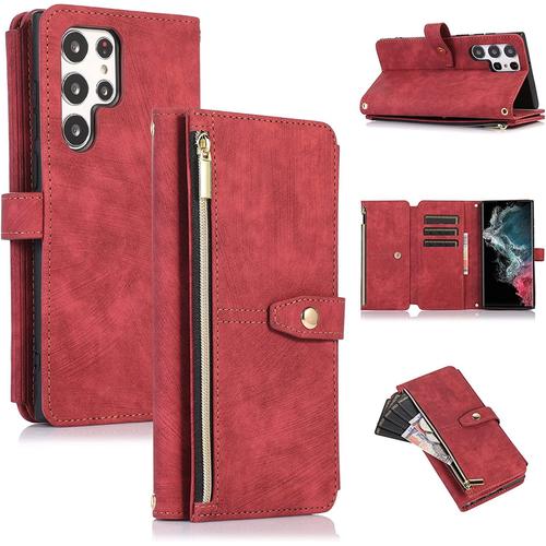 Coque Pour Samsung Galaxy S22 Ultra, Coque De Téléphone Portefeuille Samsung S22 Ultra, Étui De Téléphone En Cuir À Rabat Premium Zipper (Avec Bracelet) Pour Samsung S22 Ultra - Rouge