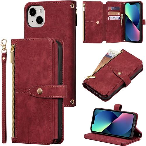 Coque Pour Iphone 14, Coque De Téléphone Portefeuille Iphone 14(6.1 Inches), Étui De Téléphone En Cuir À Rabat Premium Zipper (Avec Bracelet) Pour Iphone 14(6.1 Inches) - Rouge