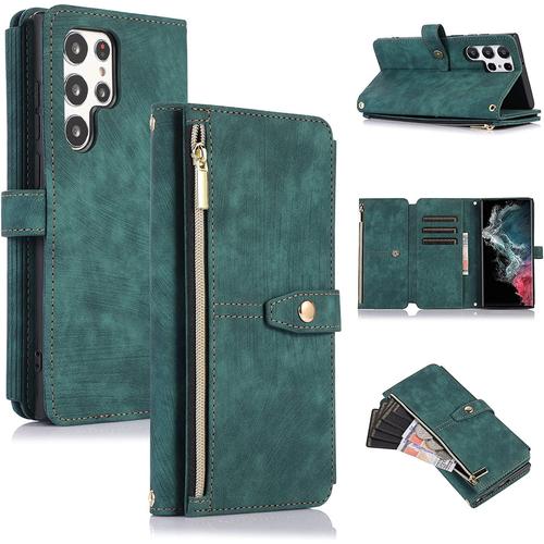 Coque Pour Samsung Galaxy S22 Ultra, Coque De Téléphone Portefeuille Samsung S22 Ultra, Étui De Téléphone En Cuir À Rabat Premium Zipper (Avec Bracelet) Pour Samsung S22 Ultra - Vert