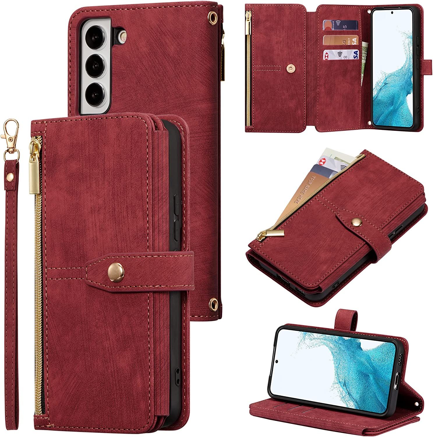 Coque Pour Samsung Galaxy S21 5g, Coque De Téléphone Portefeuille Samsung S21 5g, Étui De Téléphone En Cuir À Rabat Premium Zipper (Avec Bracelet) Pour Samsung S21 5g - Rouge