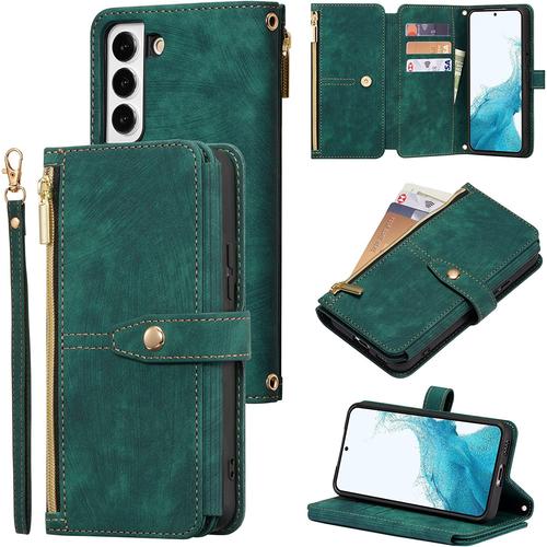 Coque Pour Samsung Galaxy S21 5g, Coque De Téléphone Portefeuille Samsung S21 5g, Étui De Téléphone En Cuir À Rabat Premium Zipper (Avec Bracelet) Pour Samsung S21 5g - Vert