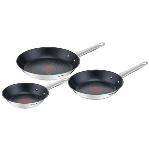 Tefal B922s304 Lot De 3 Poeles 20/24/28 Cm, Induction, Acier Inoxydable Haute Qualité, Revetement Antiadhésif Sûr, Cook Eat, Inox