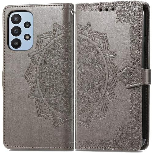 Coque Pour Samsung Galaxy A23 5g Etui, 6.6"" Premium Pu Cuir Portefeuille Magnétique Flip Case, 3 Porte-Cartes En Béquille Cover Gris