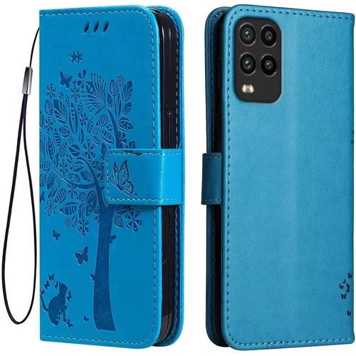 Étui En Cuir Pour Xiaomi Mi 10 Lite 5g 6.57"" Inches, [ Coque Housse De Téléphone Style Motif Chat Et Arbre] - Bleu