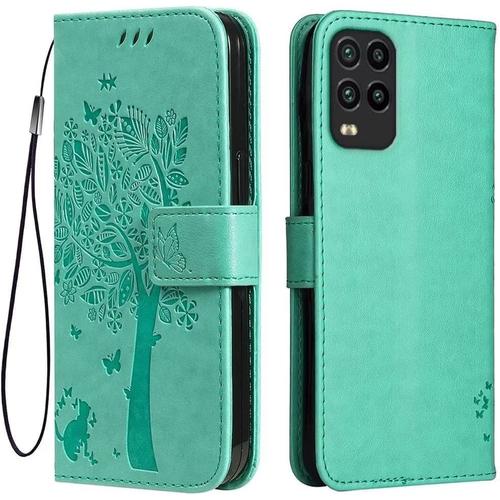 Étui En Cuir Pour Xiaomi Mi 10 Lite 5g 6.57"" Inches, [ Coque Housse De Téléphone Style Motif Chat Et Arbre] - Vert