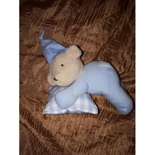 Doudou Peluche Tartine Et Chocolat Ours Bleu Coussin Vichy 