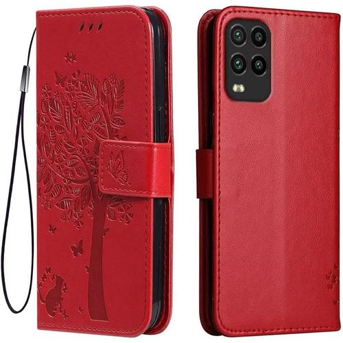 Étui En Cuir Pour Xiaomi Mi 10 Lite 5g 6.57"" Inches, [ Coque Housse De Téléphone Style Motif Chat Et Arbre] - Rouge
