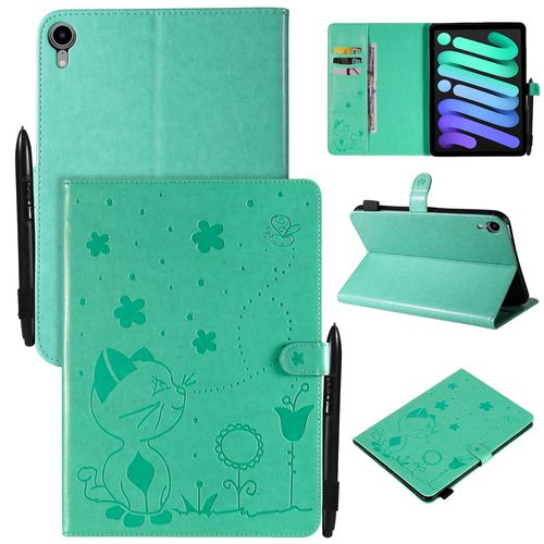 Étui Pour Ipad Mini 6 Pu Cuir Poche Cas Flip Coque Protection Housse Stand Case Papillon Chat Et Abeille,Vert