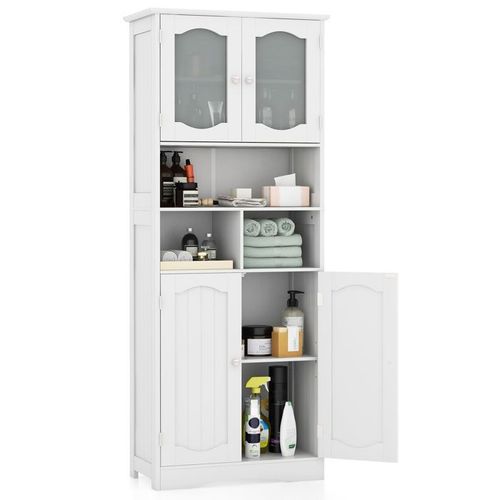 Colonne Salle De Bain Costway-60 X 30 X 148,5 Cm-2 Portes En Verre Givré-2 Etagères Réglables-3 Compartiments De Rangement-Blanc