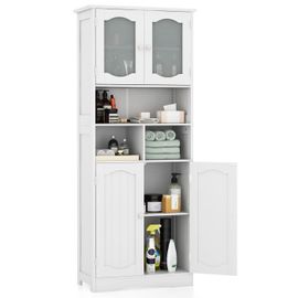 Colonne Salle De Bain Costway-60 X 30 X 148,5 Cm-2 Portes En Verre Givré-2 Etagères Réglables-3 Compartiments De Rangement-Blanc