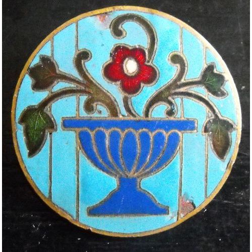 Broche Vintage En Laiton Et Émail Cloisonnés Décor Vase