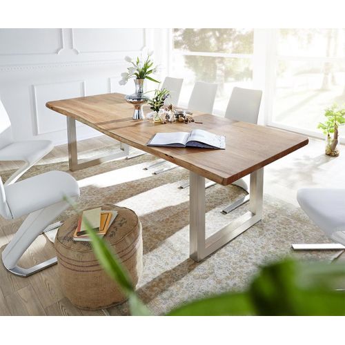 Table-De-Salle-À-Manger Edge Acacia Nature 260x100 Acier Inoxydable Large Live-Edge