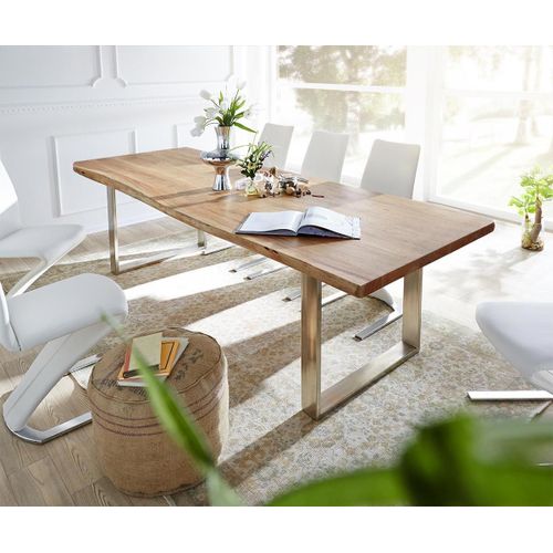 Table-De-Salle-À-Manger Edge Acacia Nature 260x100 Acier Inoxydable Étroit Live-Edge