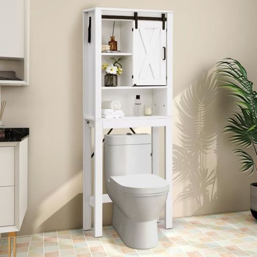 Costway Meuble Wc Au-Dessus De Toilettes En Bois 3 Étagères Avec Porte Coulissante Pour Salle De Bain, 68 X 22 X 171 Cm