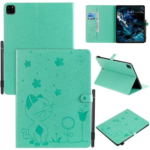 Étui Pour Ipad Pro 12.9 2018-2020-2021 Pu Cuir Poche Cas Flip Coque Protection Housse Stand Case Papillon Chat Et Abeille,Vert