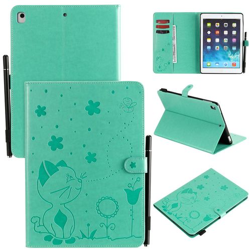 Étui Pour Ipad 5/6/7/8/9 Pu Cuir Poche Cas Flip Coque Protection Housse Stand Case Papillon Chat Et Abeille,Vert