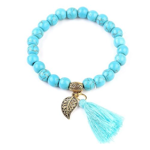 Bracelet De Perles En Pierre Naturelle Turquoise Bleu, Feuille D'or Antique Avec Pompon, Cadeau D'anniversaire Pour Homme Et Femme, 1 Pièce