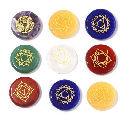 Ensemble De Pierres Rondes D'énergie Des Sept Chakras, 7 Pièces, Pendentif En Pierre Naturelle Sculptée, Cristal Violet, Quartz Lapis, Ras Du Cou, Reiki