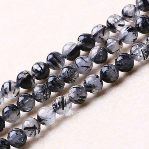 Perle De Cristal Rutilé Noir Naturel 4/6mm, Perles Rondes En Pierre D'espacement Pour La Fabrication De Bijoux Bracelets Diy 15 Pouces
