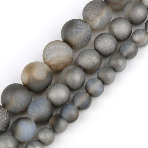 Perles Métalliques Revêtues, Pierre Naturelle, Argent Gris, Agates Druzy, Rondes Rugueuses, Mates, Pour La Fabrication De Bijoux, Bracelet À Faire Soi Même, 15 Pouces