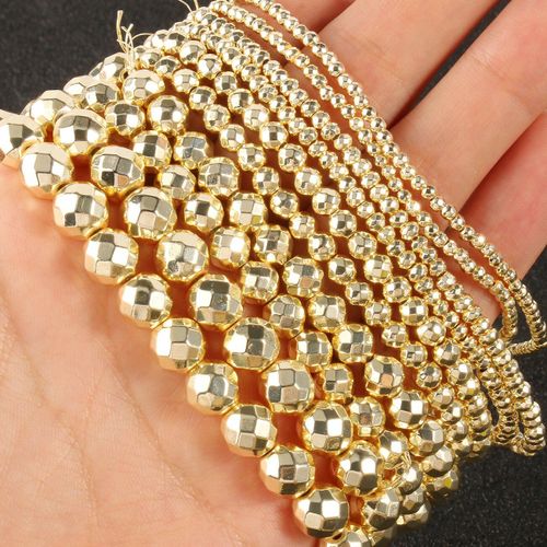 Perles Hématite À Facettes Naturelles, Plaqué Or 9k, Pierres Rondes, Amples, Pour La Fabrication De Bijoux, Bracelet À Faire Soi Même, Fil De 15 Pouces