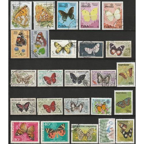 Lot De 25 Timbres Oblitérés Dont 3 Neuf** (Timbres Nanibie) Sur Les Papillons Divers Pays.