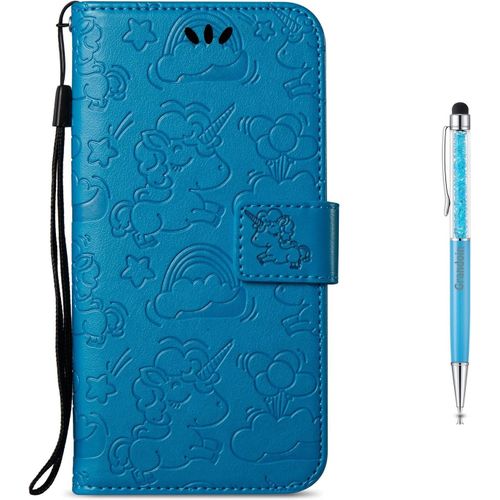 Coque Huawei Y3 2017,Housse Tui En Licorne En Relief Pu Cuir Et Tpu Silicone Relief Souple Anti-Scratch Cas De Tlphone Peint Color Housse Fermeture Magntique Pour Huawei Y3 2017 (Bleu)