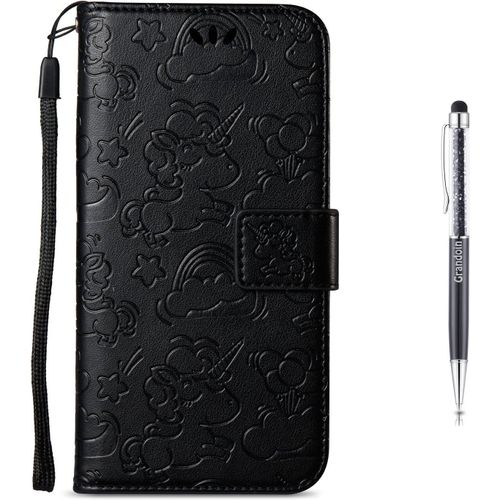 Coque Huawei Y3 2017,Housse Tui En Licorne En Relief Pu Cuir Et Tpu Silicone Relief Souple Anti-Scratch Cas De Tlphone Peint Color Housse Fermeture Magntique Pour Huawei Y3 2017 (Noir)