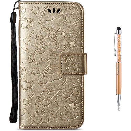 Coque Huawei Y3 2017,Housse Tui En Licorne En Relief Pu Cuir Et Tpu Silicone Relief Souple Anti-Scratch Cas De Tlphone Peint Color Housse Fermeture Magntique Pour Huawei Y3 2017 (Or)