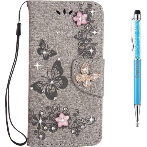 Coque Huawei P10 Plus,Imprimfleur Et Papillon Etui En Pu Cuir Housse Clapet Flip De Carte Slots Magntique Emplacements De Cartes Huawei P10 Plus (Gris)