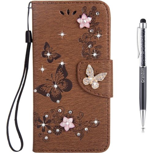 Coque Huawei P10 Plus, Flip Portefeuille Imprim Fleur Et Papillon Etui En Pu Cuir Housse Clapet Flip Portefeuille De Carte Slots, Fonction Support Pour Huawei P10 Plus (Marron)