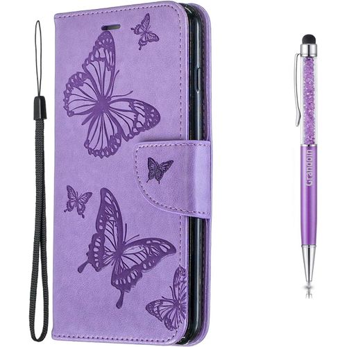 Coque Pour Nokia 2.1, Tui De Protection Housse En Pu Cuir Avec Papillon Imprim Case Cover Tui Rabat Fente De Carte Bookstyle Cover Pour Nokia 2.1 - Pourpre
