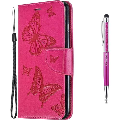 Coque Pour Nokia 2.1, Tui De Protection Housse En Pu Cuir Avec Papillon Imprim Case Cover Tui Rabat Fente De Carte Bookstyle Cover Pour Nokia 2.1 - Rose Rouge