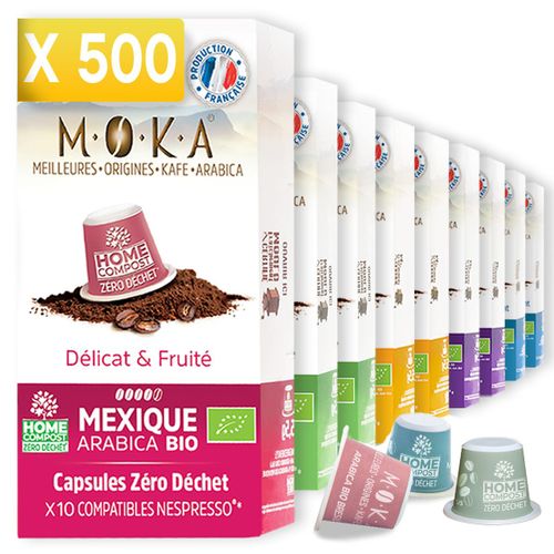 Moka 500 Capsules Biodégradables Home Compost Nespresso® Zéro Déchet De 5 Origines De Cafés 100% Arabica Bio Mexique Honduras Ethiopie Brésil Pérou