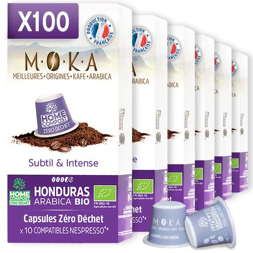 Moka 300 Capsules Biodégradables Home Compost Zéro Déchet Compatibles Nespresso® Café 100% Arabica Bio Du Honduras