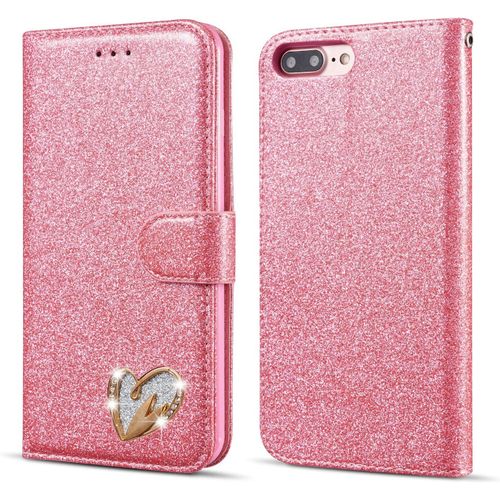 Etui Pour Iphone 6 Plus 6s Plus Coque, Flip Case Etui Paillette Glitter Bling Portefeuille En Cuir Housse Avec Porte Carte Magnetique Wallet Cover Pour Iphone 6 Plus 6s Plus - Rose